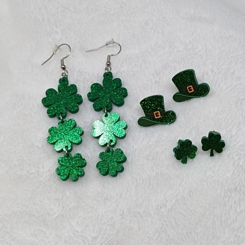 Irish St Patrick's Day Four Leaf Clover Leprechaun Hat Bundle of Earrings